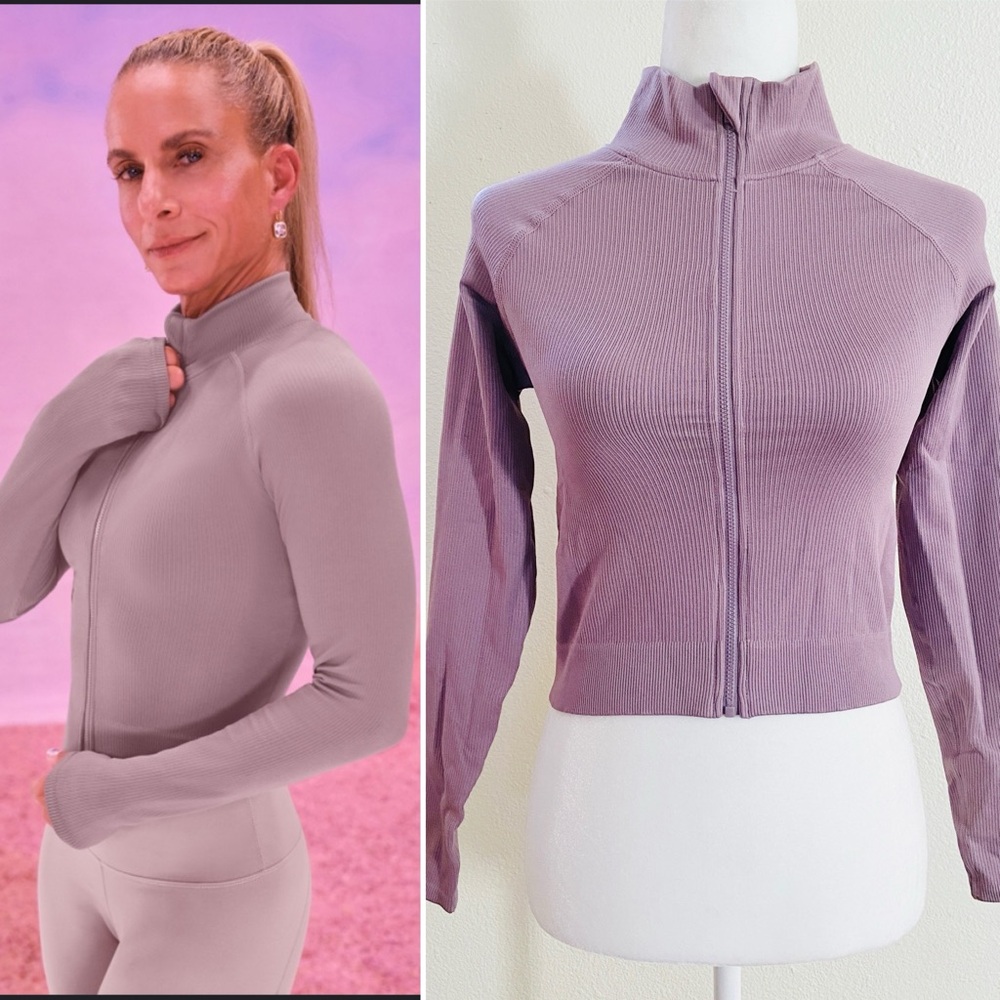Fabletics Cropped Seamless Rib Train Jacket Misty… - image 1